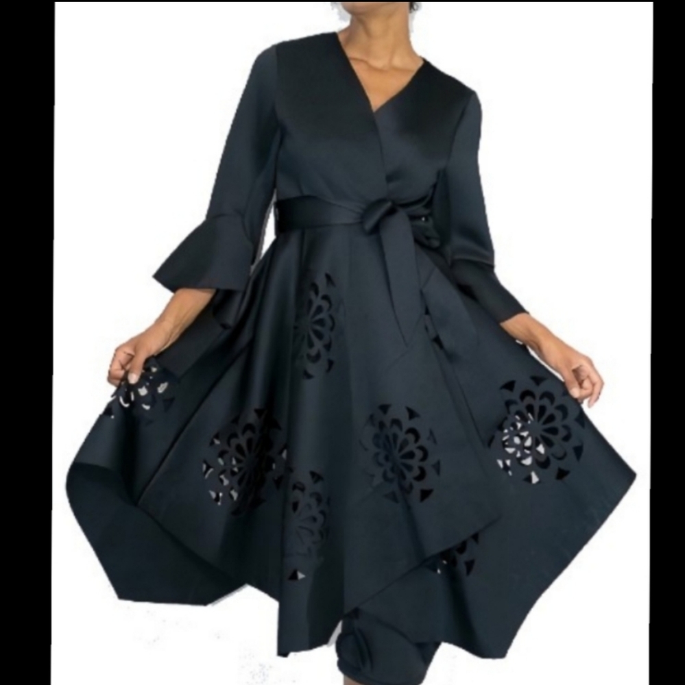 ByNancy Black Scuba Wrap-around Belted Donna Coat dress with cutouts -size SMALL
